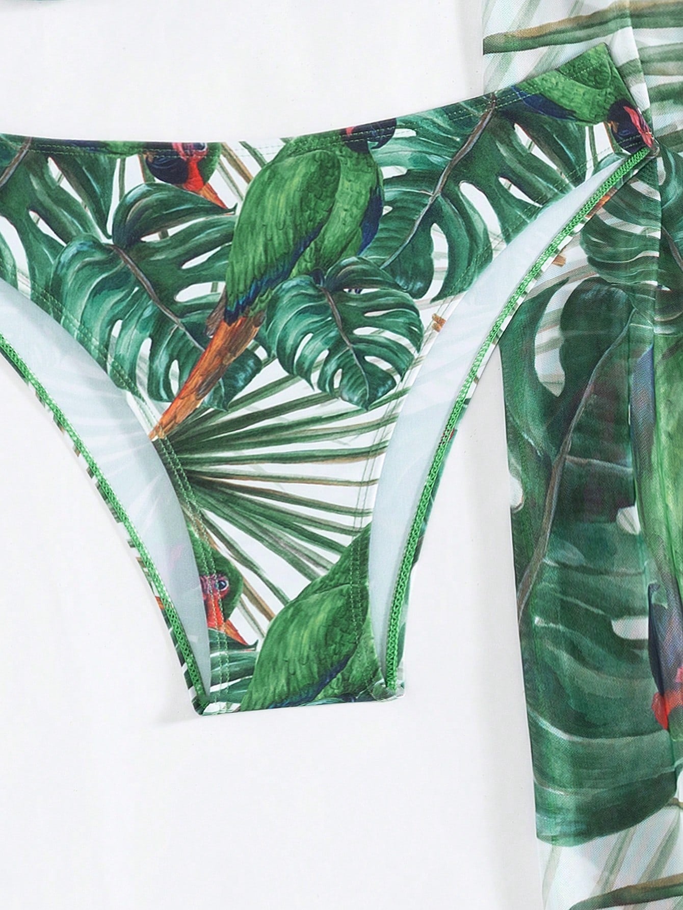 3pcs Women Summer Beach Vacation Outfit: Tropical Leaf Print Hard Cup Frill Strap Bikini Set + Printed Chiffon Sarong Skirt