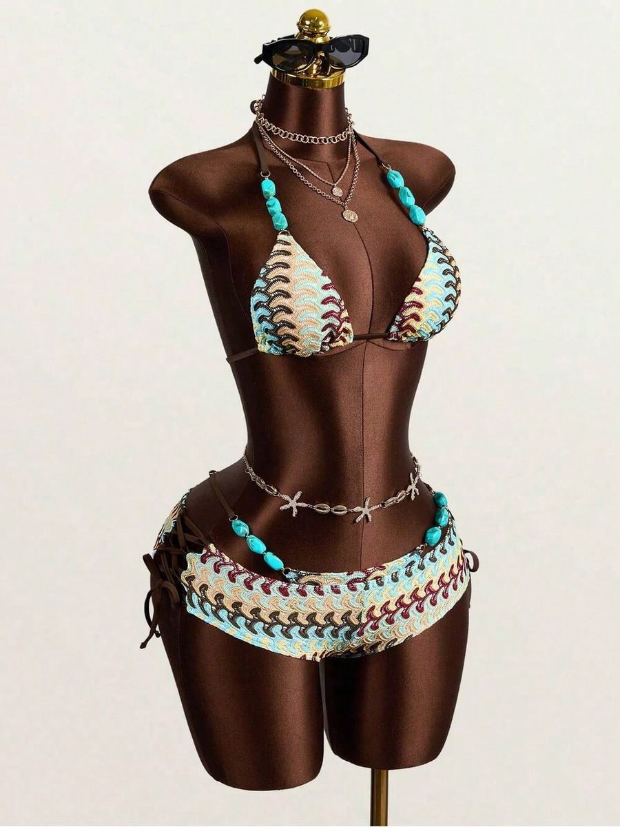 3pcs Womens Bohemian Crochet Swimsuit Set, Beach Pool Casual Party Vacation, Spring Summer