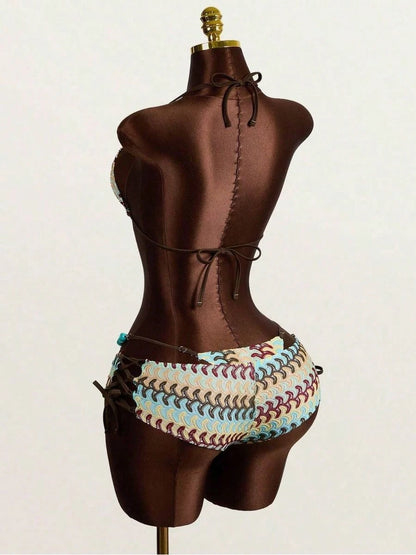 3pcs Womens Bohemian Crochet Swimsuit Set, Beach Pool Casual Party Vacation, Spring Summer