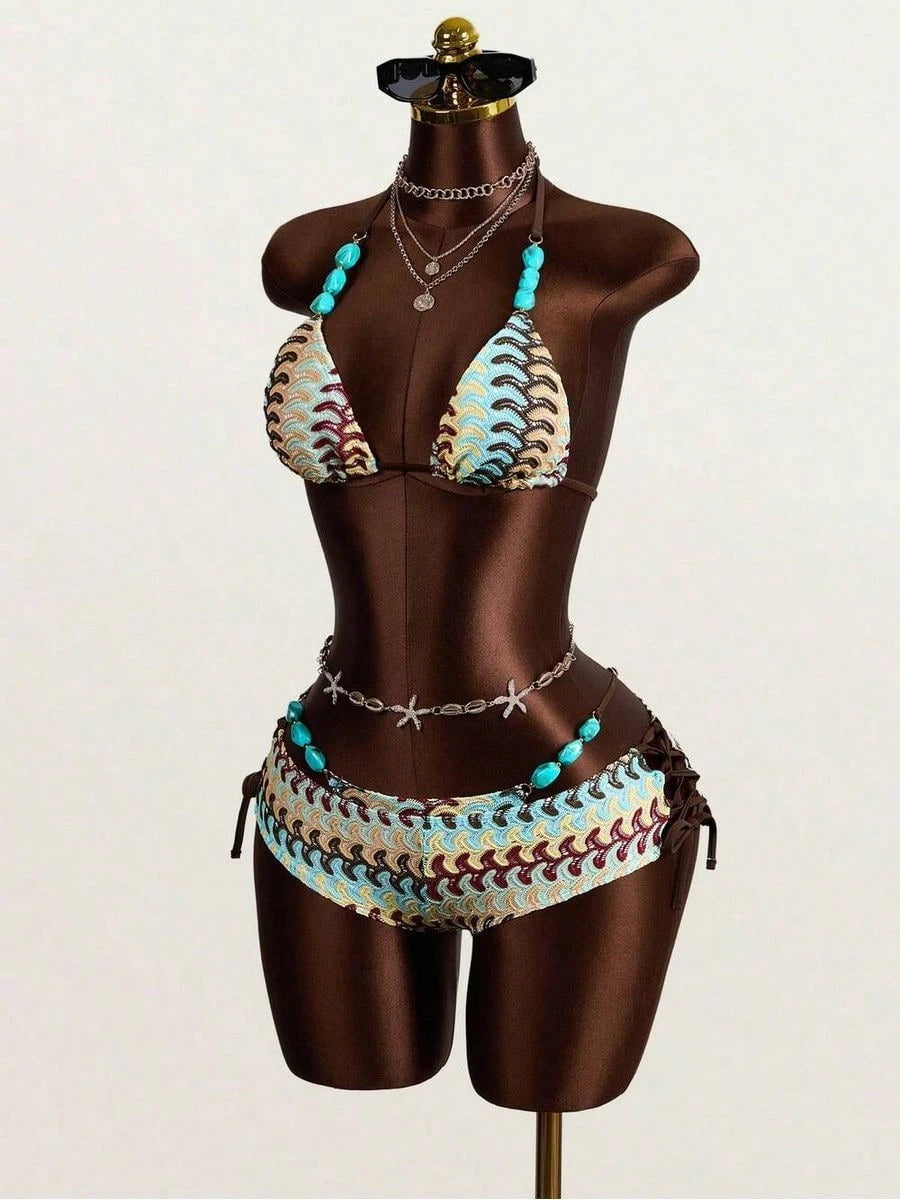 3pcs Womens Bohemian Crochet Swimsuit Set, Beach Pool Casual Party Vacation, Spring Summer