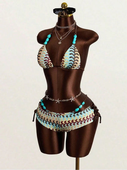 3pcs Womens Bohemian Crochet Swimsuit Set, Beach Pool Casual Party Vacation, Spring Summer