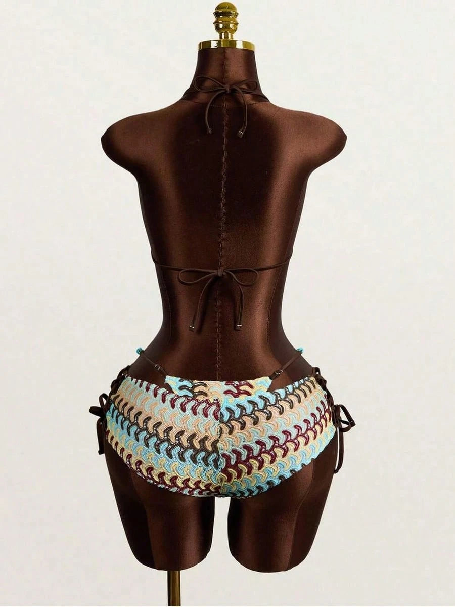 3pcs Womens Bohemian Crochet Swimsuit Set, Beach Pool Casual Party Vacation, Spring Summer