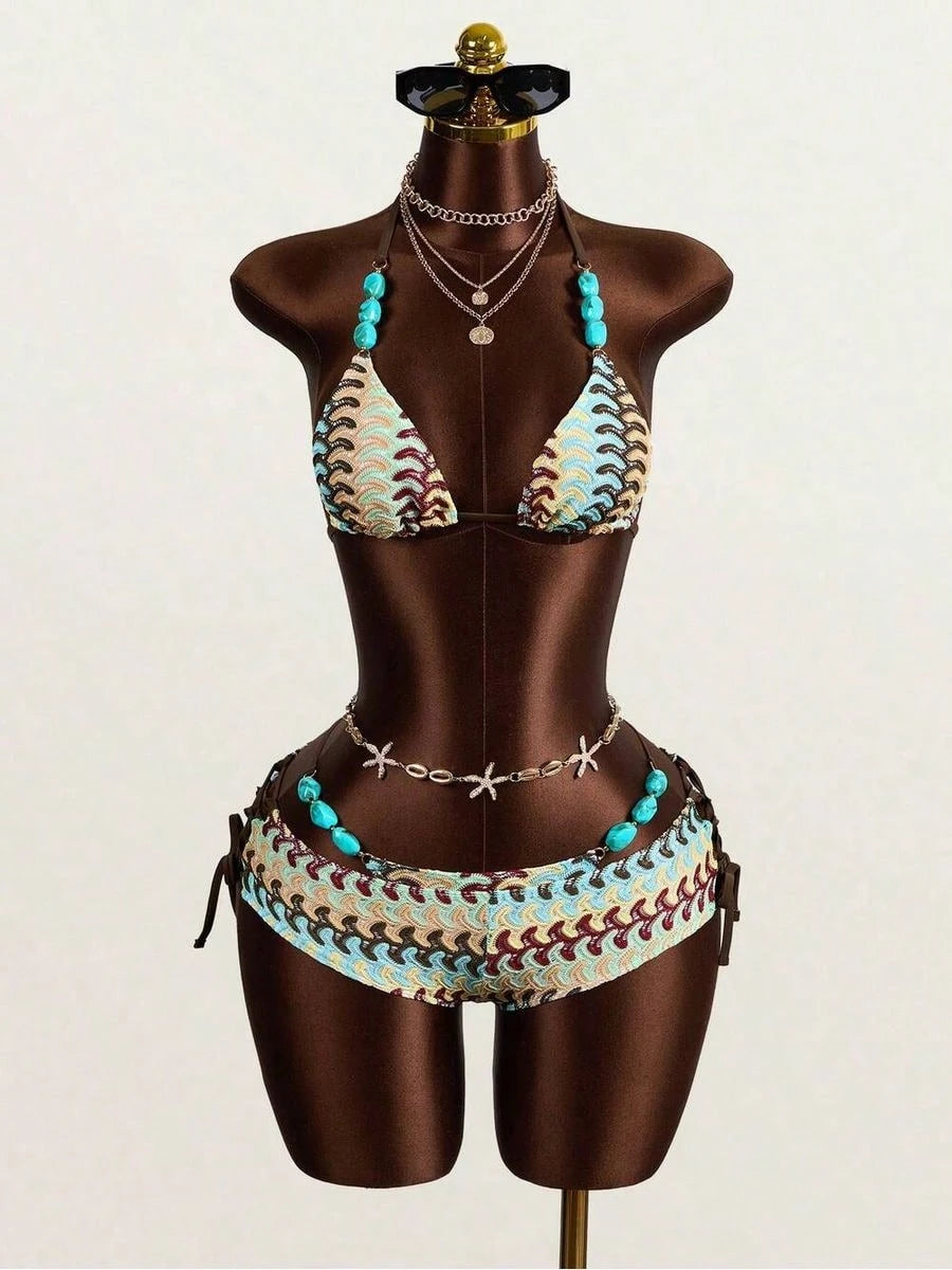 3pcs Womens Bohemian Crochet Swimsuit Set, Beach Pool Casual Party Vacation, Spring Summer