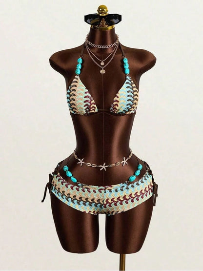 3pcs Womens Bohemian Crochet Swimsuit Set, Beach Pool Casual Party Vacation, Spring Summer