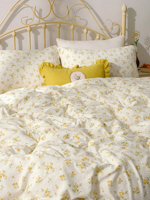 3pcs Yellow Ditsy Floral Bedding Set, Super Soft & Breathable, Made Of Premium Microfiber & Wrinkle-Resistant Fabric, All-Season Use. Machine Washable, Fade-Resistant, Anti-Pilling, Shrink & Wrinkle-R