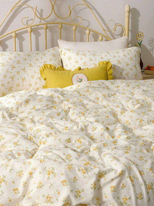 3pcs Yellow Ditsy Floral Bedding Set, Super Soft & Breathable, Made Of Premium Microfiber & Wrinkle-Resistant Fabric, All-Season Use. Machine Washable, Fade-Resistant, Anti-Pilling, Shrink & Wrinkle-R