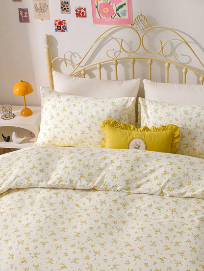 3pcs Yellow Ditsy Floral Bedding Set, Super Soft & Breathable, Made Of Premium Microfiber & Wrinkle-Resistant Fabric, All-Season Use. Machine Washable, Fade-Resistant, Anti-Pilling, Shrink & Wrinkle-R