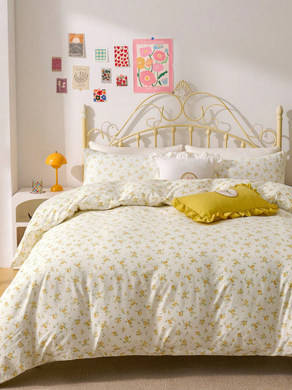 3pcs Yellow Ditsy Floral Bedding Set, Super Soft & Breathable, Made Of Premium Microfiber & Wrinkle-Resistant Fabric, All-Season Use. Machine Washable, Fade-Resistant, Anti-Pilling, Shrink & Wrinkle-R