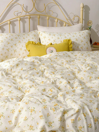 3pcs Yellow Ditsy Floral Bedding Set, Super Soft & Breathable, Made Of Premium Microfiber & Wrinkle-Resistant Fabric, All-Season Use. Machine Washable, Fade-Resistant, Anti-Pilling, Shrink & Wrinkle-R