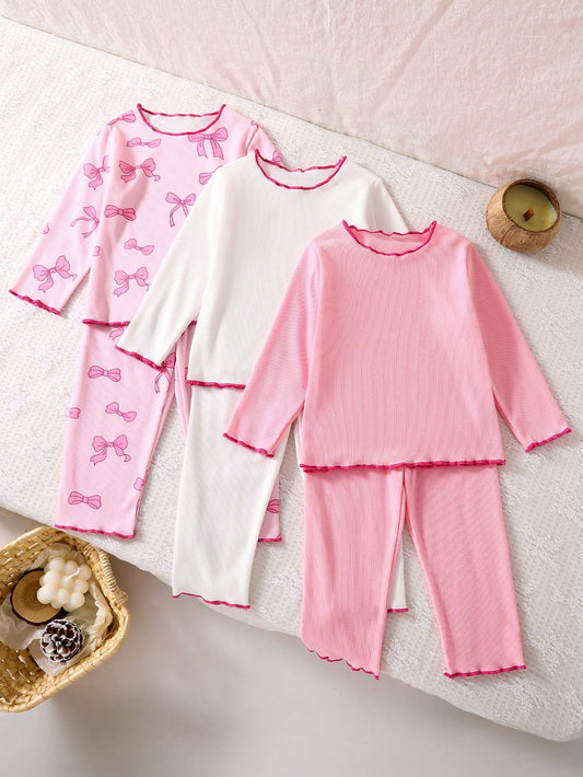 3sets/6pcs Baby Girls Bow + Pink + White Long Sleeve Top & Pants Sets, Autumn/Winter, Newborn Baby Girl Cute Casual Outfit, Soft & Comfortable, Versatile, 0-1-2-3 Years, 6-9 Months, Suitable For Outdo