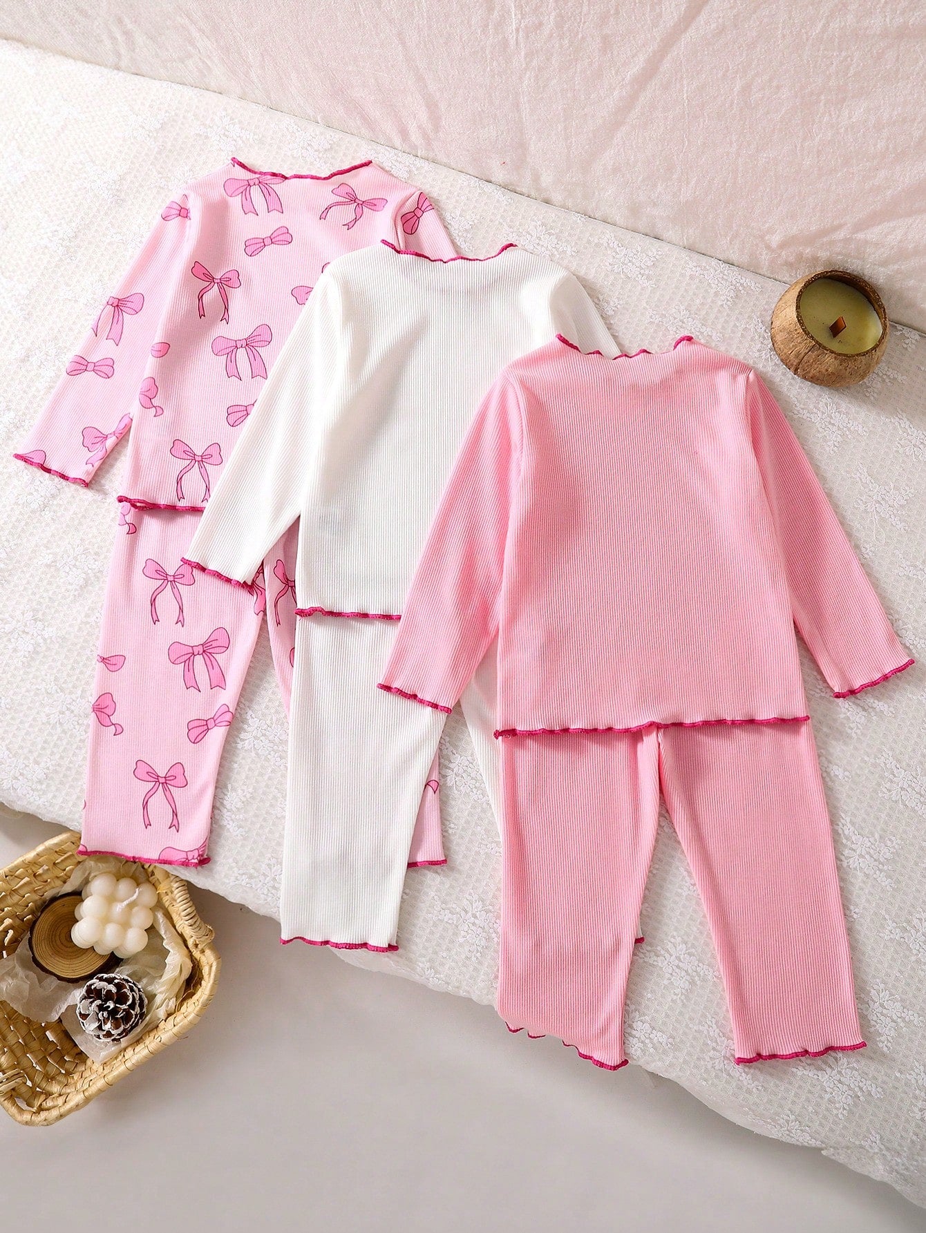 3sets/6pcs Baby Girls Bow + Pink + White Long Sleeve Top & Pants Sets, Autumn/Winter, Newborn Baby Girl Cute Casual Outfit, Soft & Comfortable, Versatile, 0-1-2-3 Years, 6-9 Months, Suitable For Outdo