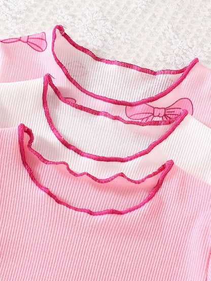 3sets/6pcs Baby Girls Bow + Pink + White Long Sleeve Top & Pants Sets, Autumn/Winter, Newborn Baby Girl Cute Casual Outfit, Soft & Comfortable, Versatile, 0-1-2-3 Years, 6-9 Months, Suitable For Outdo