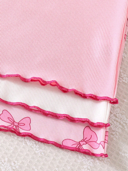 3sets/6pcs Baby Girls Bow + Pink + White Long Sleeve Top & Pants Sets, Autumn/Winter, Newborn Baby Girl Cute Casual Outfit, Soft & Comfortable, Versatile, 0-1-2-3 Years, 6-9 Months, Suitable For Outdo