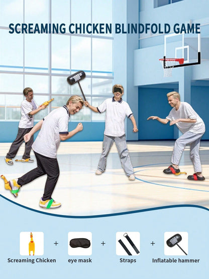 4/5/6 Players Durable Plastic Screaming Chicken Team Building Game Set- Includes Blindfold, Inflatable Hammer & Straps- Ideal For Outdoor Fun, Home Entertainment,Company Fun Sports Meeting, Parties