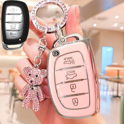4-Button Modern Car Key Fob Cover With Rhinestone Bear Keychain, Soft TPU Car Key Protector Case Compatible With Hyundai Ix35, Lantra, Luxgen, Ix25, Elantra, Reina, Yueya, Carnival, Christmas Gift