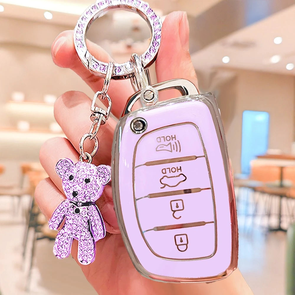 4-Button Modern Car Key Fob Cover With Rhinestone Bear Keychain, Soft TPU Car Key Protector Case Compatible With Hyundai Ix35, Lantra, Luxgen, Ix25, Elantra, Reina, Yueya, Carnival, Christmas Gift