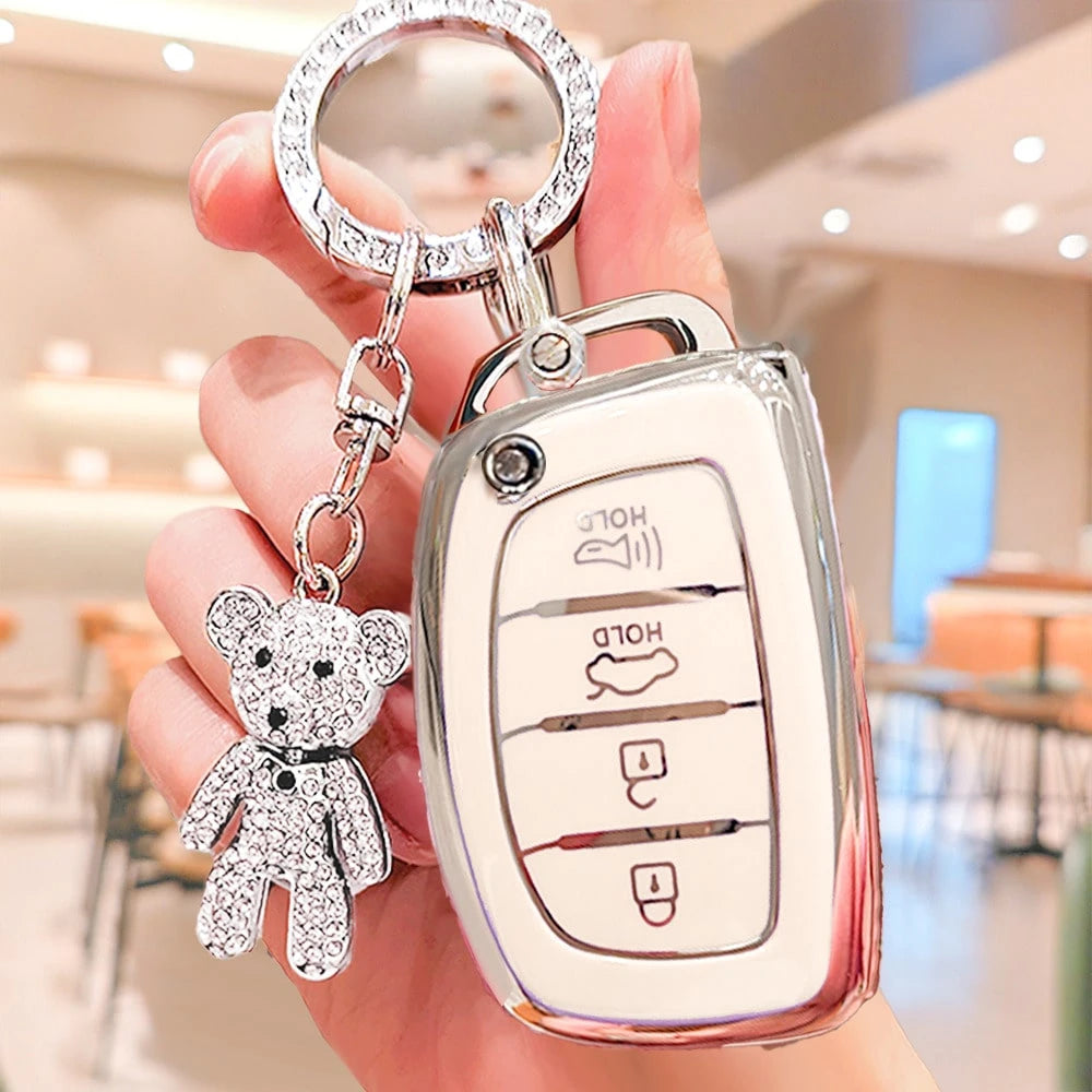 4-Button Modern Car Key Fob Cover With Rhinestone Bear Keychain, Soft TPU Car Key Protector Case Compatible With Hyundai Ix35, Lantra, Luxgen, Ix25, Elantra, Reina, Yueya, Carnival, Christmas Gift