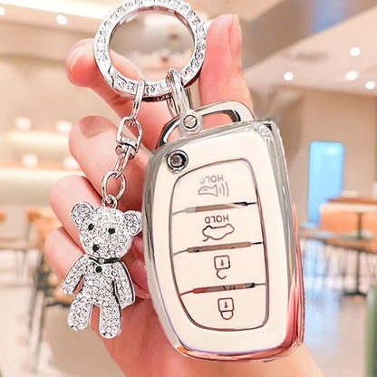 4-Button Modern Car Key Fob Cover With Rhinestone Bear Keychain, Soft TPU Car Key Protector Case Compatible With Hyundai Ix35, Lantra, Luxgen, Ix25, Elantra, Reina, Yueya, Carnival, Christmas Gift