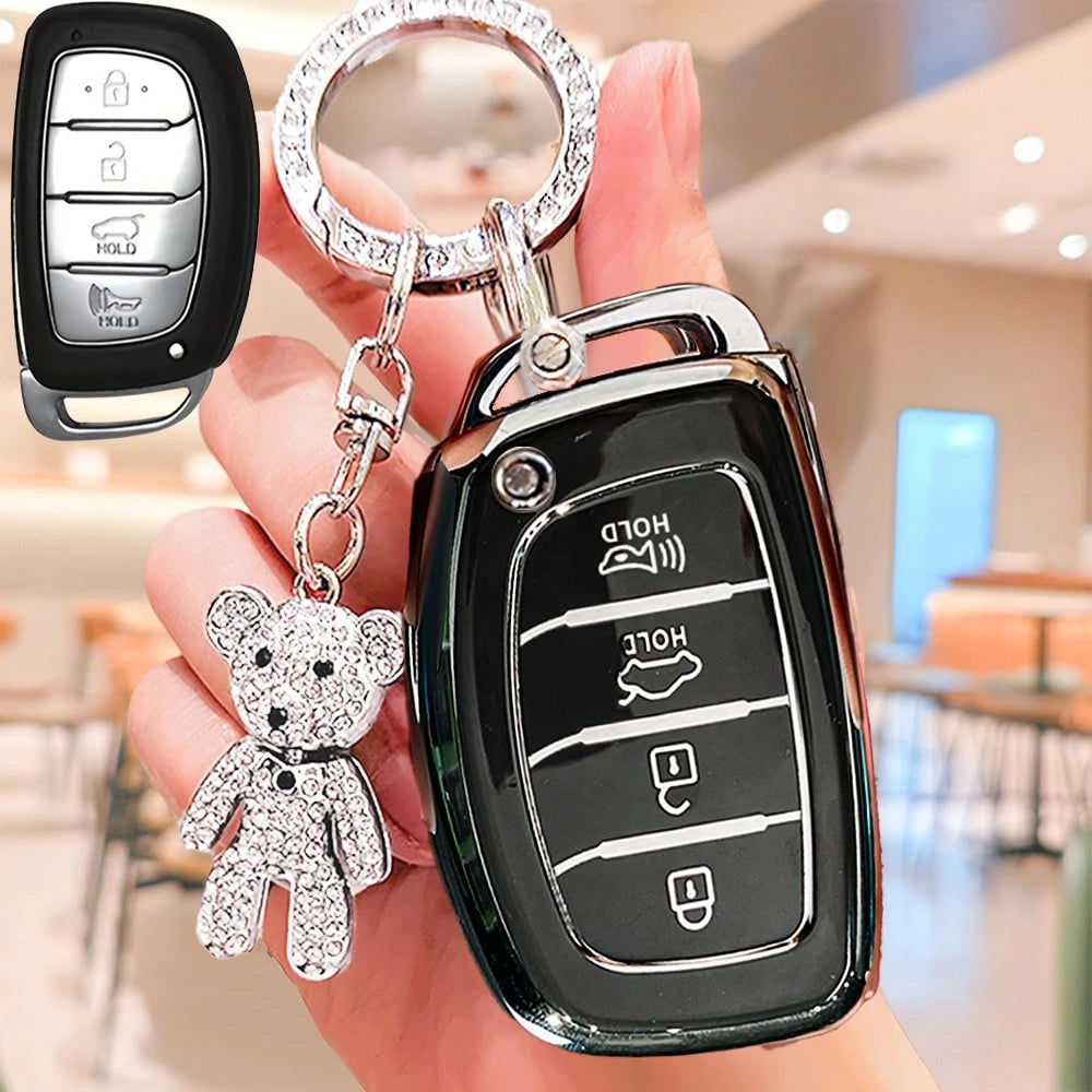 4-Button Modern Car Key Fob Cover With Rhinestone Bear Keychain, Soft TPU Car Key Protector Case Compatible With Hyundai Ix35, Lantra, Luxgen, Ix25, Elantra, Reina, Yueya, Carnival, Christmas Gift
