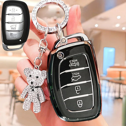 4-Button Modern Car Key Fob Cover With Rhinestone Bear Keychain, Soft TPU Car Key Protector Case Compatible With Hyundai Ix35, Lantra, Luxgen, Ix25, Elantra, Reina, Yueya, Carnival, Christmas Gift