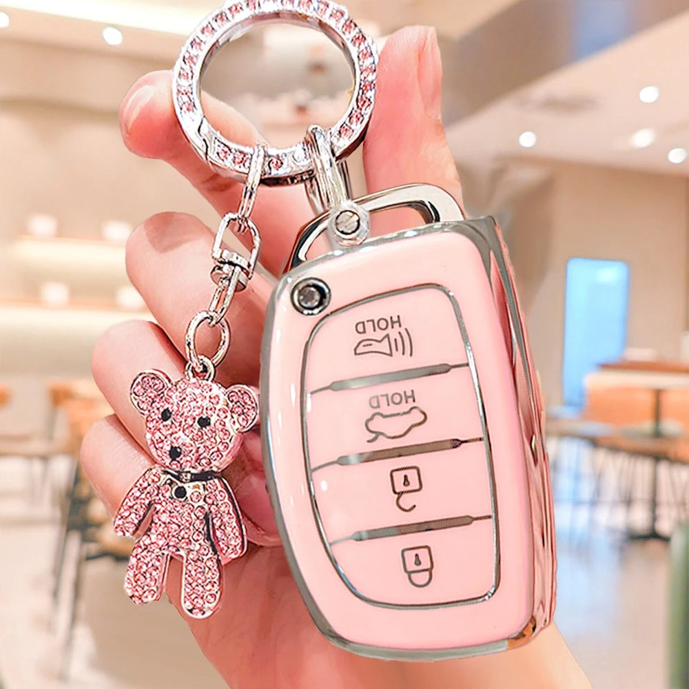 4-Button Modern Car Key Fob Cover With Rhinestone Bear Keychain, Soft TPU Car Key Protector Case Compatible With Hyundai Ix35, Lantra, Luxgen, Ix25, Elantra, Reina, Yueya, Carnival, Christmas Gift