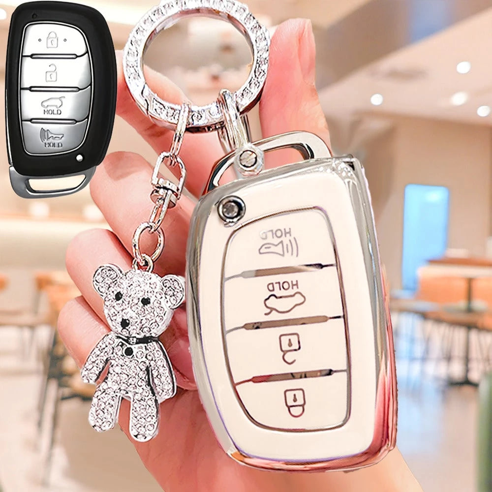 4-Button Modern Car Key Fob Cover With Rhinestone Bear Keychain, Soft TPU Car Key Protector Case Compatible With Hyundai Ix35, Lantra, Luxgen, Ix25, Elantra, Reina, Yueya, Carnival, Christmas Gift