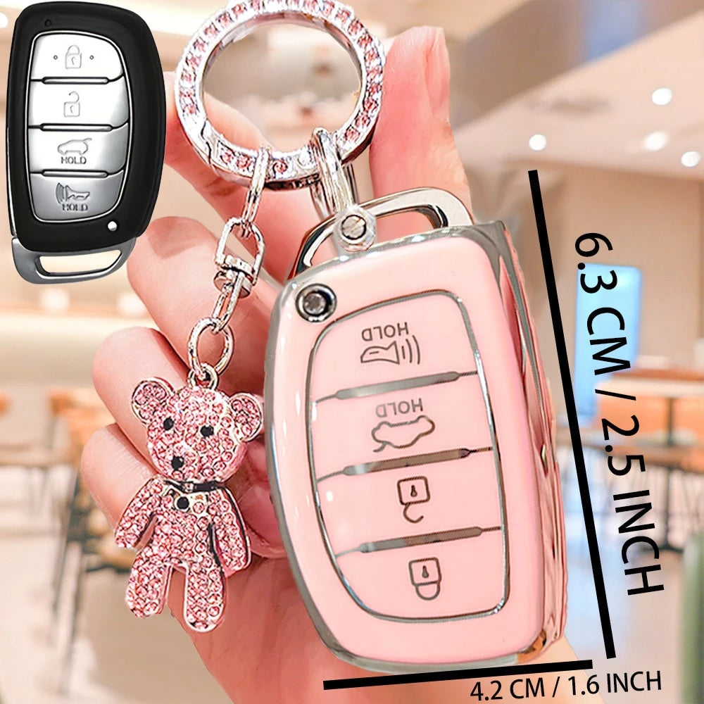 4-Button Modern Car Key Fob Cover With Rhinestone Bear Keychain, Soft TPU Car Key Protector Case Compatible With Hyundai Ix35, Lantra, Luxgen, Ix25, Elantra, Reina, Yueya, Carnival, Christmas Gift