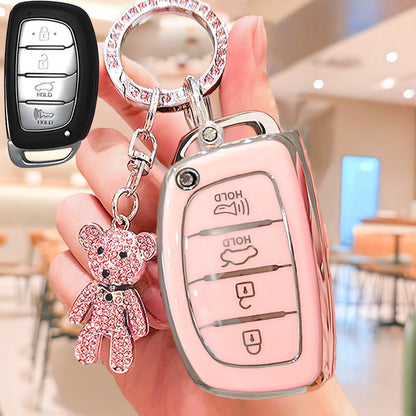 4-Button Modern Car Key Fob Cover With Rhinestone Bear Keychain, Soft TPU Car Key Protector Case Compatible With Hyundai Ix35, Lantra, Luxgen, Ix25, Elantra, Reina, Yueya, Carnival, Christmas Gift