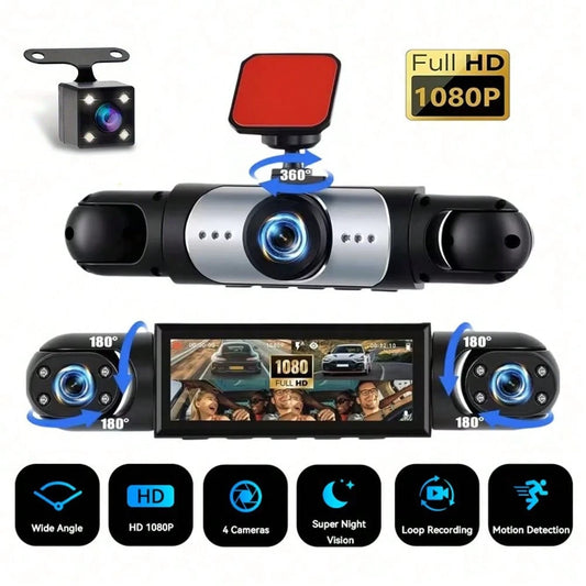 4-Channel Dash Cam, 360° Panoramic View, Front/Rear/Left/Right Recording, Equipped With 8 Infrared Night Vision Lights, Wide-Angle Lens, Loop Recording, G-Sensor, Parking Monitoring Function, Built-In