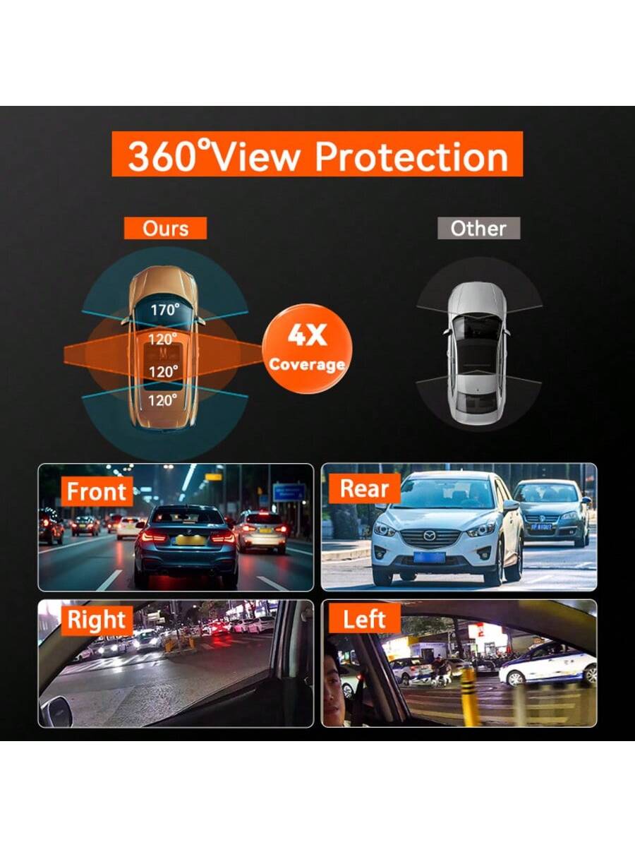 4-Channel Dash Cam, 360° Panoramic View, Front/Rear/Left/Right Recording, Equipped With 8 Infrared Night Vision Lights, Wide-Angle Lens, Loop Recording, G-Sensor, Parking Monitoring Function, Built-In
