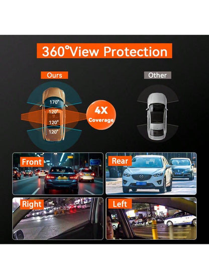 4-Channel Dash Cam, 360° Panoramic View, Front/Rear/Left/Right Recording, Equipped With 8 Infrared Night Vision Lights, Wide-Angle Lens, Loop Recording, G-Sensor, Parking Monitoring Function, Built-In