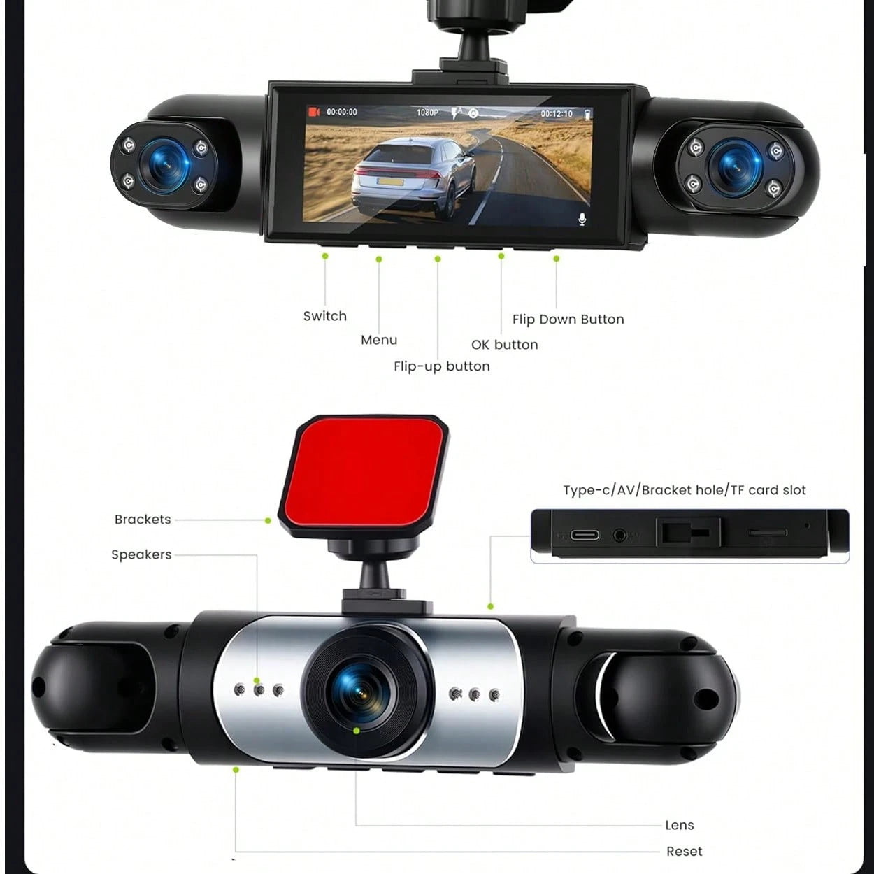 4-Channel Dash Cam, 360° Panoramic View, Front/Rear/Left/Right Recording, Equipped With 8 Infrared Night Vision Lights, Wide-Angle Lens, Loop Recording, G-Sensor, Parking Monitoring Function, Built-In
