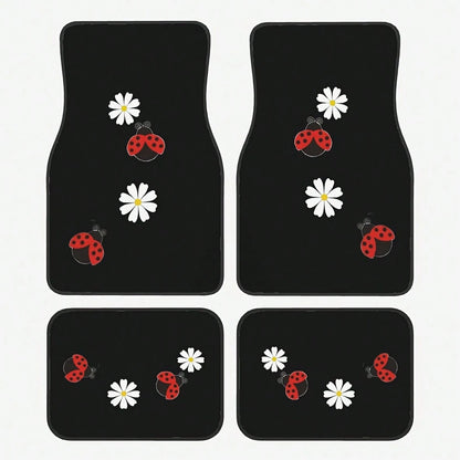 4 Cute Seven-Hole Worm And Sunflower Print Car Mats- All-Weather Polyester Floor Mats Suitable For Cars, Trucks, And SUVs- Designed For Comfort, Durability, And Easy Cleaning- An Ideal Gift For Car