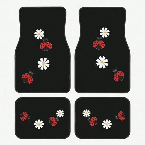 4 Cute Seven-Hole Worm And Sunflower Print Car Mats- All-Weather Polyester Floor Mats Suitable For Cars, Trucks, And SUVs- Designed For Comfort, Durability, And Easy Cleaning- An Ideal Gift For Car