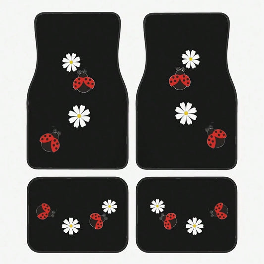 4 Cute Seven-Hole Worm And Sunflower Print Car Mats- All-Weather Polyester Floor Mats Suitable For Cars, Trucks, And SUVs- Designed For Comfort, Durability, And Easy Cleaning- An Ideal Gift For Car