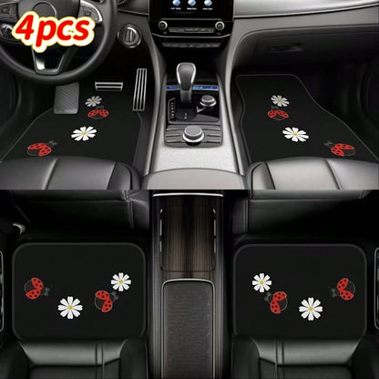 4 Cute Seven-Hole Worm And Sunflower Print Car Mats- All-Weather Polyester Floor Mats Suitable For Cars, Trucks, And SUVs- Designed For Comfort, Durability, And Easy Cleaning- An Ideal Gift For Car