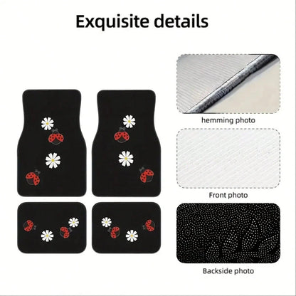 4 Cute Seven-Hole Worm And Sunflower Print Car Mats- All-Weather Polyester Floor Mats Suitable For Cars, Trucks, And SUVs- Designed For Comfort, Durability, And Easy Cleaning- An Ideal Gift For Car