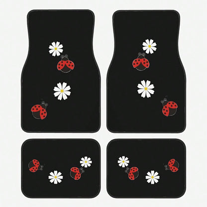 4 Cute Seven-Hole Worm And Sunflower Print Car Mats- All-Weather Polyester Floor Mats Suitable For Cars, Trucks, And SUVs- Designed For Comfort, Durability, And Easy Cleaning- An Ideal Gift For Car