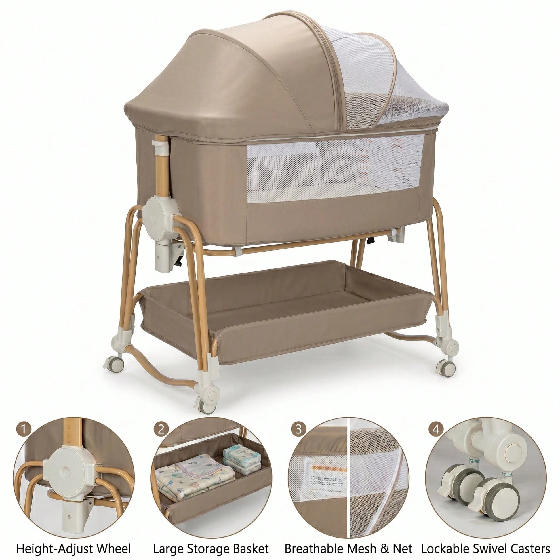 4-In-1 Baby Bassinet For Boys Girls,7 Levels Height Adjustable Rocking Bedside Sleeper,Breathable Mesh Crib With Wheels For Newborn Infant,Khaki-Brown