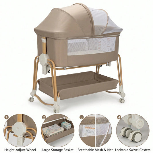 4-In-1 Baby Bassinet For Boys Girls,7 Levels Height Adjustable Rocking Bedside Sleeper,Breathable Mesh Crib With Wheels For Newborn Infant,Khaki-Brown
