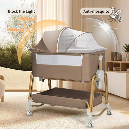 4-In-1 Baby Bassinet For Boys Girls,7 Levels Height Adjustable Rocking Bedside Sleeper,Breathable Mesh Crib With Wheels For Newborn Infant,Khaki-Brown