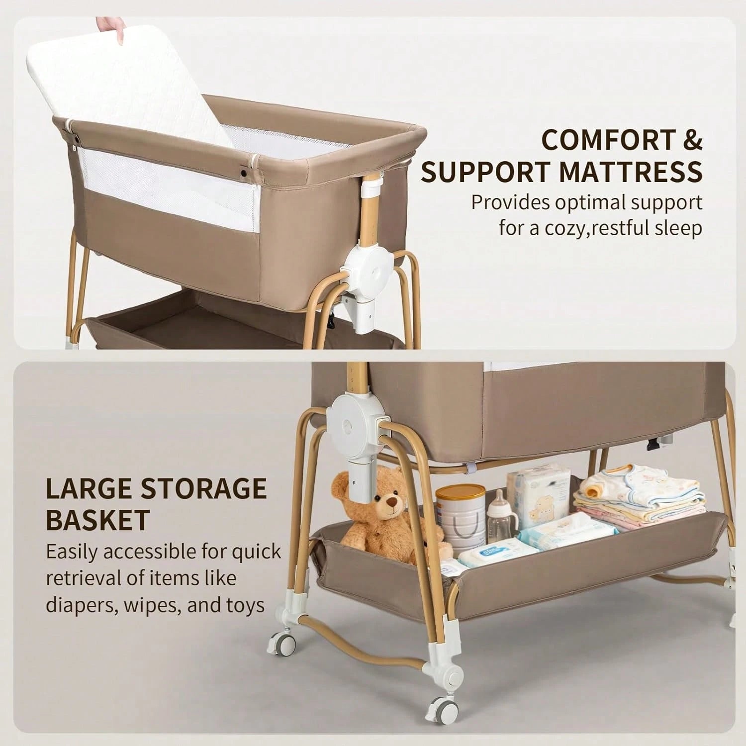 4-In-1 Baby Bassinet For Boys Girls,7 Levels Height Adjustable Rocking Bedside Sleeper,Breathable Mesh Crib With Wheels For Newborn Infant,Khaki-Brown