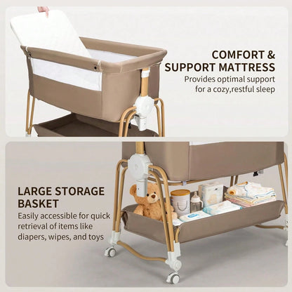 4-In-1 Baby Bassinet For Boys Girls,7 Levels Height Adjustable Rocking Bedside Sleeper,Breathable Mesh Crib With Wheels For Newborn Infant,Khaki-Brown