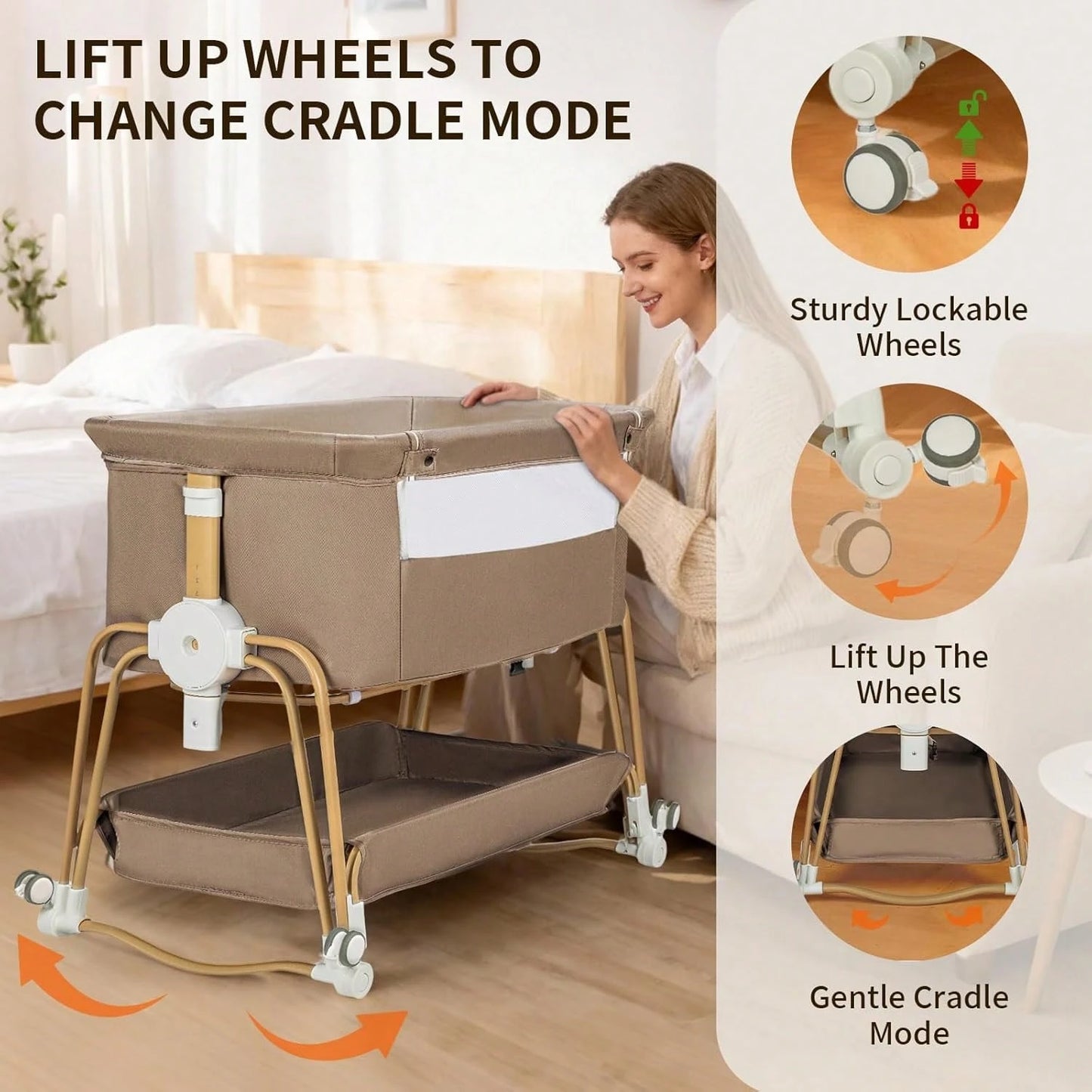 4-In-1 Baby Bassinet For Boys Girls,7 Levels Height Adjustable Rocking Bedside Sleeper,Breathable Mesh Crib With Wheels For Newborn Infant,Khaki-Brown