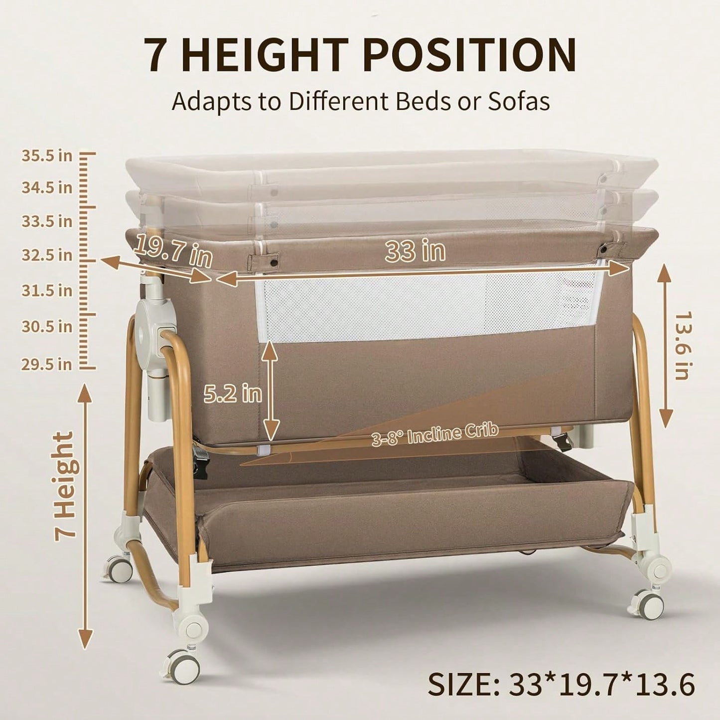 4-In-1 Baby Bassinet For Boys Girls,7 Levels Height Adjustable Rocking Bedside Sleeper,Breathable Mesh Crib With Wheels For Newborn Infant,Khaki-Brown
