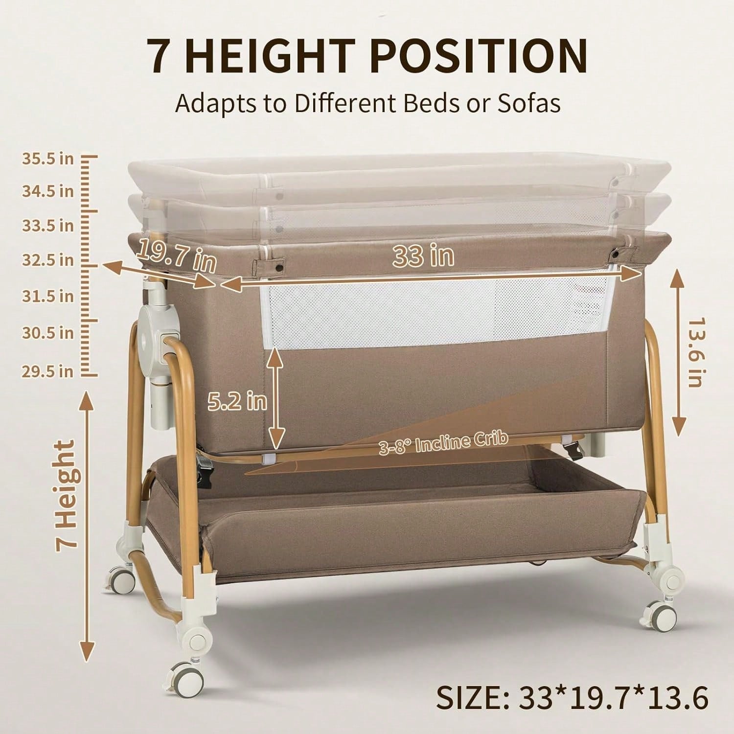 4-In-1 Baby Bassinet For Boys Girls,7 Levels Height Adjustable Rocking Bedside Sleeper,Breathable Mesh Crib With Wheels For Newborn Infant,Khaki-Brown