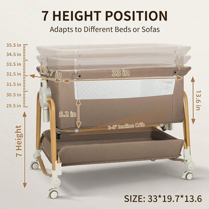 4-In-1 Baby Bassinet For Boys Girls,7 Levels Height Adjustable Rocking Bedside Sleeper,Breathable Mesh Crib With Wheels For Newborn Infant,Khaki-Brown