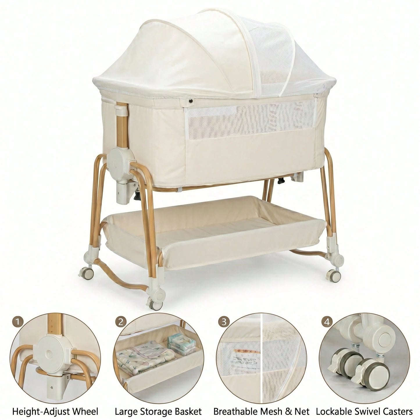 4-In-1 Baby Bassinet For Boys Girls,7 Levels Height Adjustable Rocking Bedside Sleeper,Breathable Mesh Crib With Wheels For Newborn Infant,Khaki-Brown