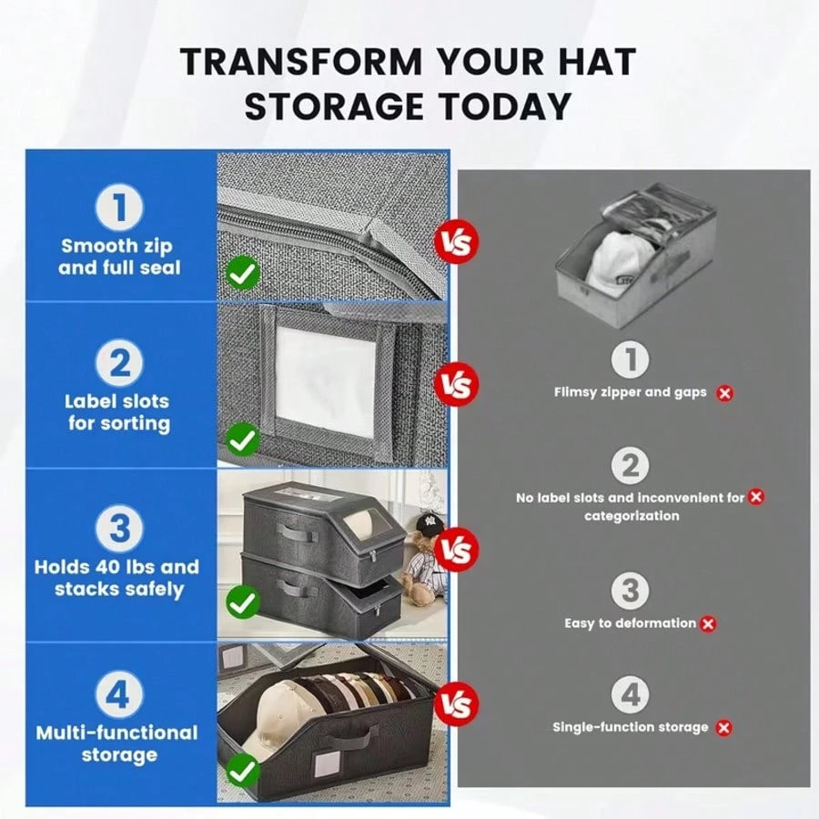 4 Pack Hat Storage For Baseball Caps, Hat Box With Clear View Window, Hat Organizer For Baseball Caps Holds