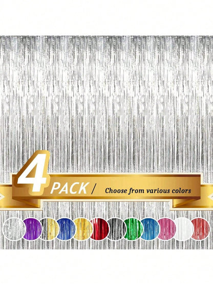 4 Packs Foil Curtain Backdrop Silver Metallic Tinsel Foil Fringe Curtains Photo Booth Props For Birthday Wedding Engagement Nursery Decor Baby Shower Bachelorette Christmas Holiday Celebration Party D